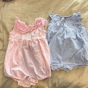 Ralph Lauren Pink & Blue Striped Cotton Baby Rompers Set